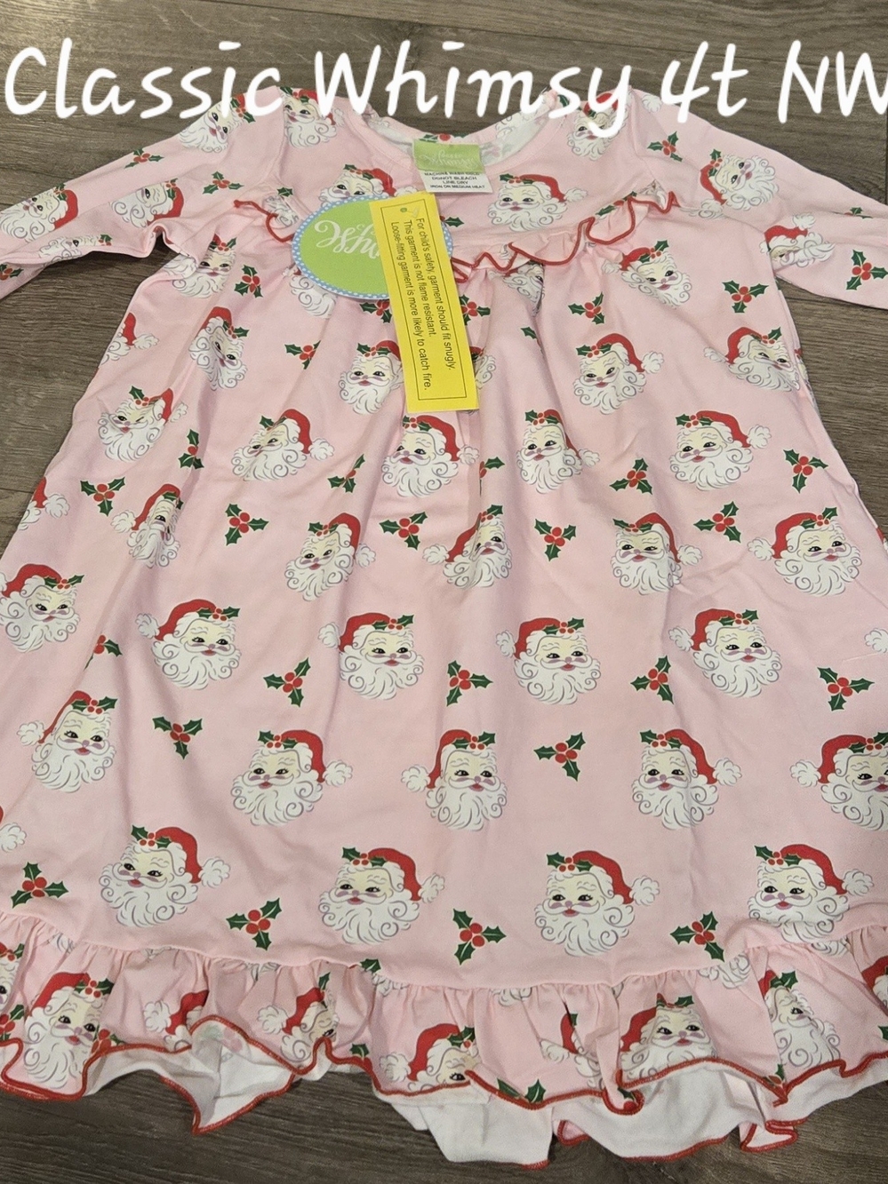 Classic Whimsy Pink Santa Print Ruffle-Trim Nightgown